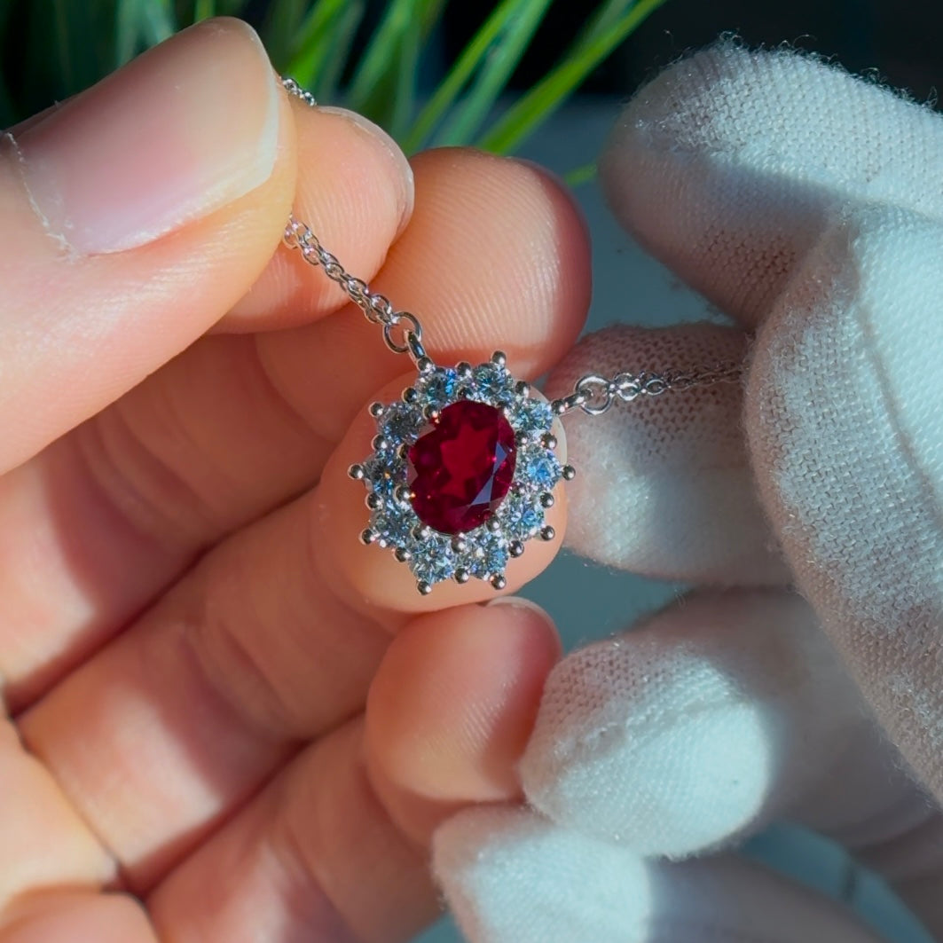 1.80ct Oval Lab-Grown Red Ruby Diamond Halo Pendant Necklace in Platinum 950