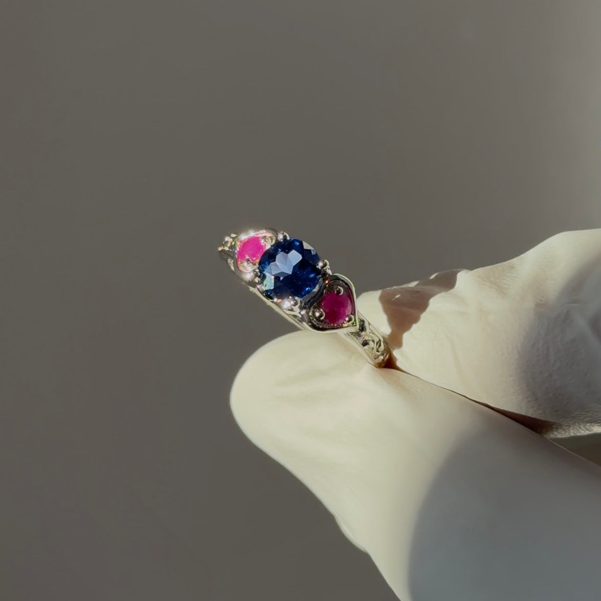 Customized™ 1.00ct Round Natural Sapphire with Natural Rubies Three-Stone Ring in 925 Sterling Silver