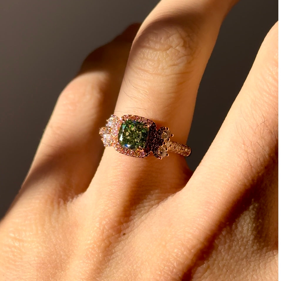 Customized™ 1.20ct Cushion Cut Green Lab-Grown Diamond with Pink Diamond Halo, White Diamond Ring in 14K Solid Rose Gold