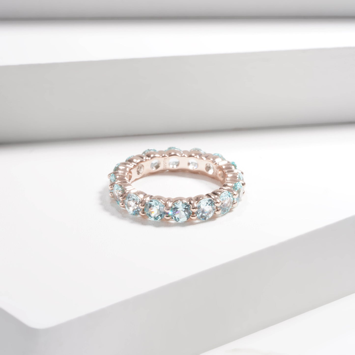 4*4mm Round Cut Paraiba Tourmaline Eternity Ring in 14K Solid Rose Gold