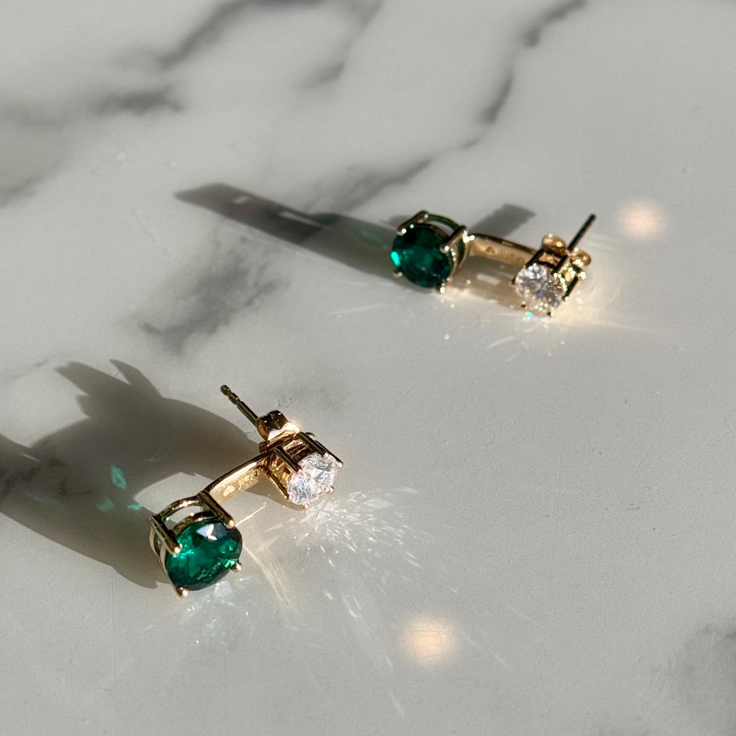 Customized™ 1.20ct Round Lab-Grown Zambian Emerald with 0.50ct Round Moissanite "Stone-on-Stone" Earrings in 14K Solid Yellow Gold