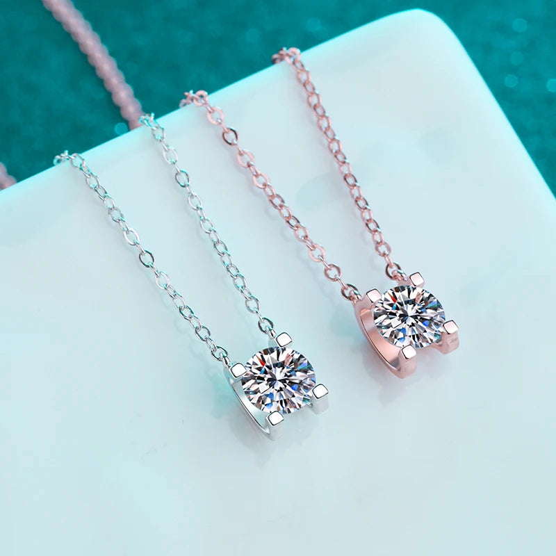 Moissanite 4 Claw Pendant Necklace in White/Rose Gold plated 925 silver