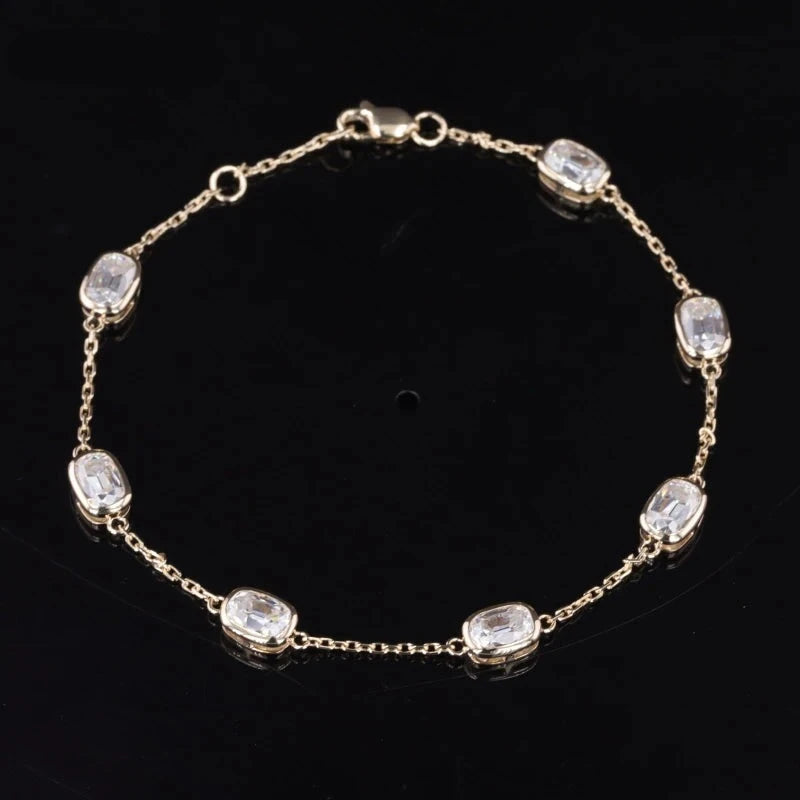 4*6mm Old Mine Cushion Cut Moissanite Bracelet in 14K Solid Yellow Gold