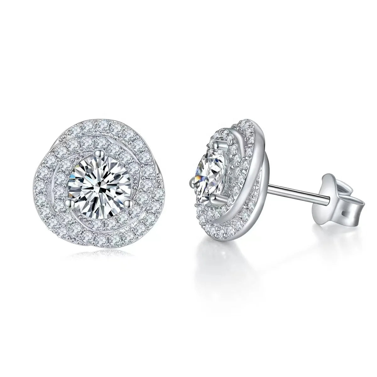 Rose Halo Moissanite Earrings in Platinum-Plated 925 Sterling Silver