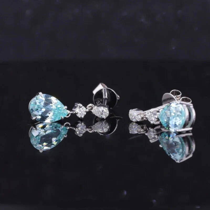 5*7mm Pear Cut Paraiba with Moissanite Dangle Earrings in 14K Solid White Gold