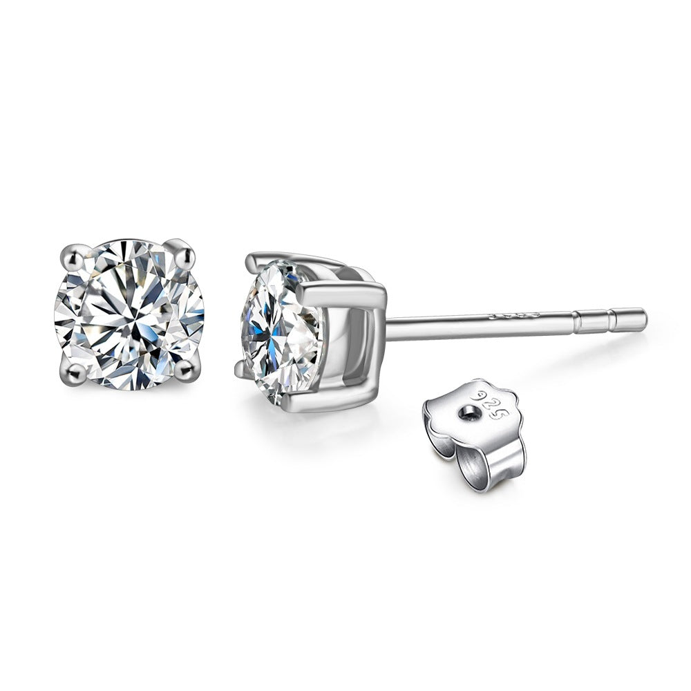 Round Moissanite Earrings in Platinum-Plated 925 Sterling Silver (4 prongs)