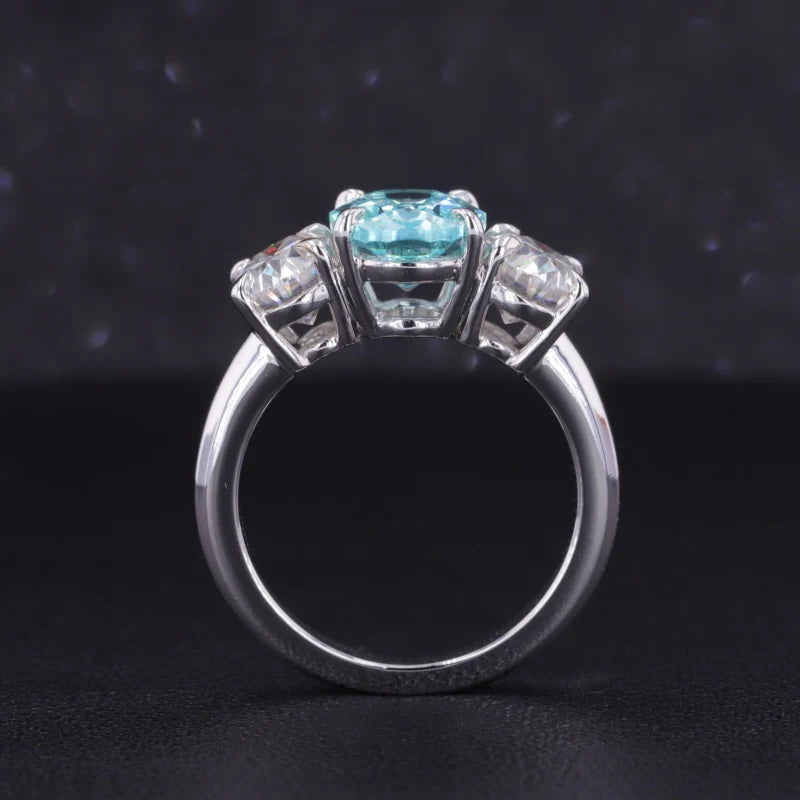 7*9mm Oval Cut Paraiba Moissanite Three Stone Ring in 14K Solid White Gold