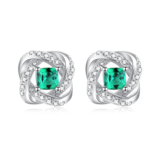 Zambian Emerald Stone Stud Earrings in 18k White Gold-Plated 925 Sterling Silver