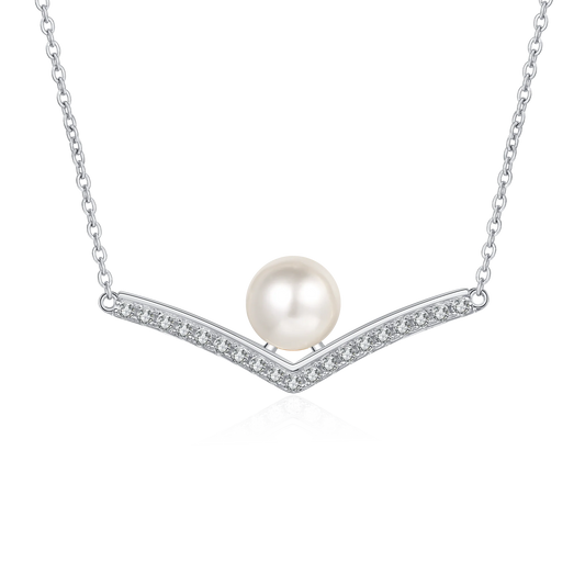 Pearl Moissanite V Design Pendant Necklace in Platinum plated 925 silver