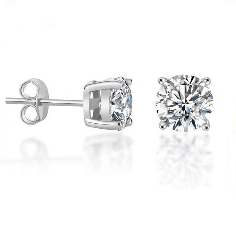 Round Moissanite Earrings in Platinum-Plated 925 Sterling Silver (4 prongs)