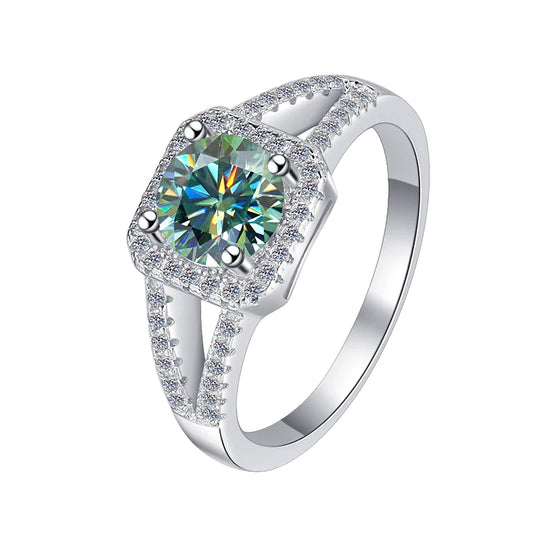 2ct Green Moissanite Ring in Platinum-Plated 925 Sterling Silver