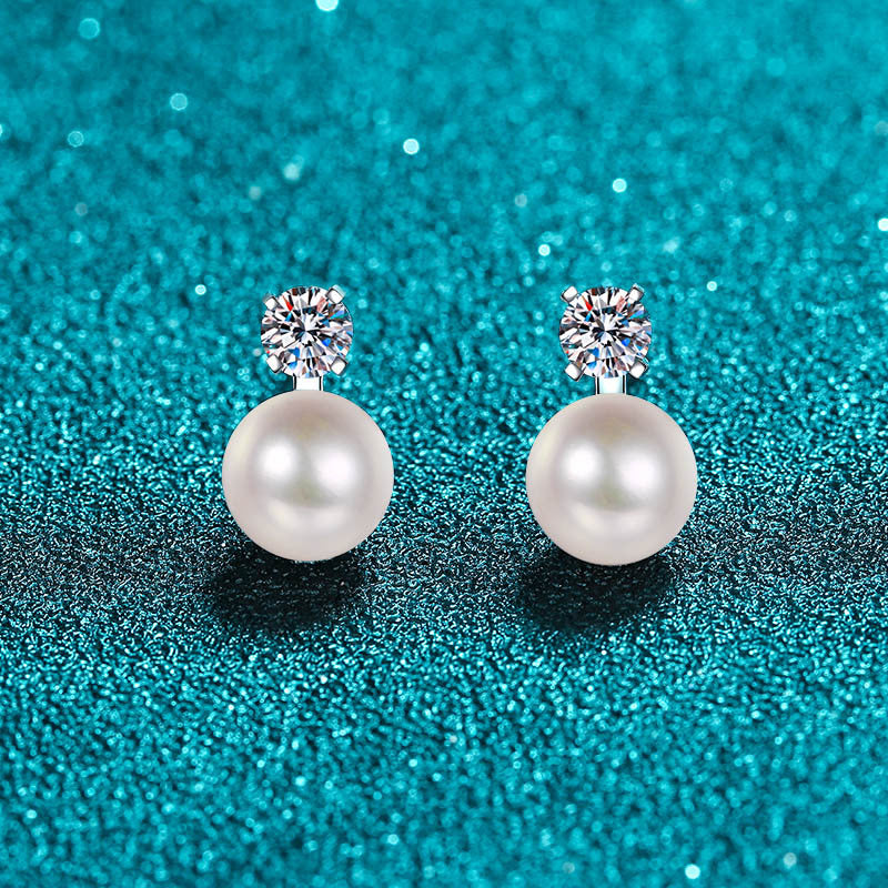 Pearl Moissanite Earrings in Platinum-Plated 925 Sterling Silver