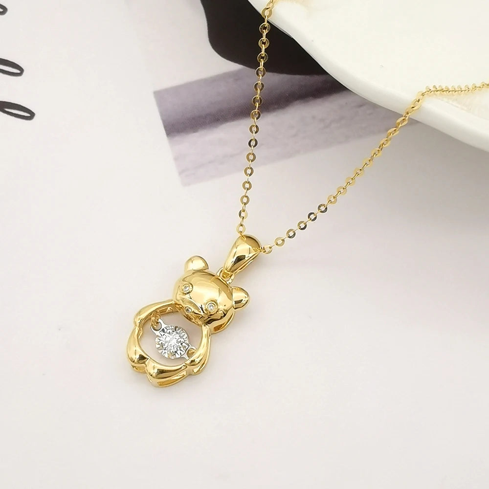 Bear Pendant Necklace with Dancing Diamond in 18K Solid Yellow Gold