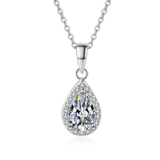 Pear Moissanite with Halo Pendant Necklace in Platinum plated 925 silver