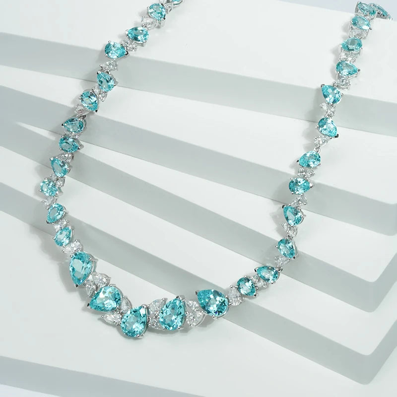 21.651ct Pear Cut Paraiba and Moissanite Necklace with 14K Solid White Gold