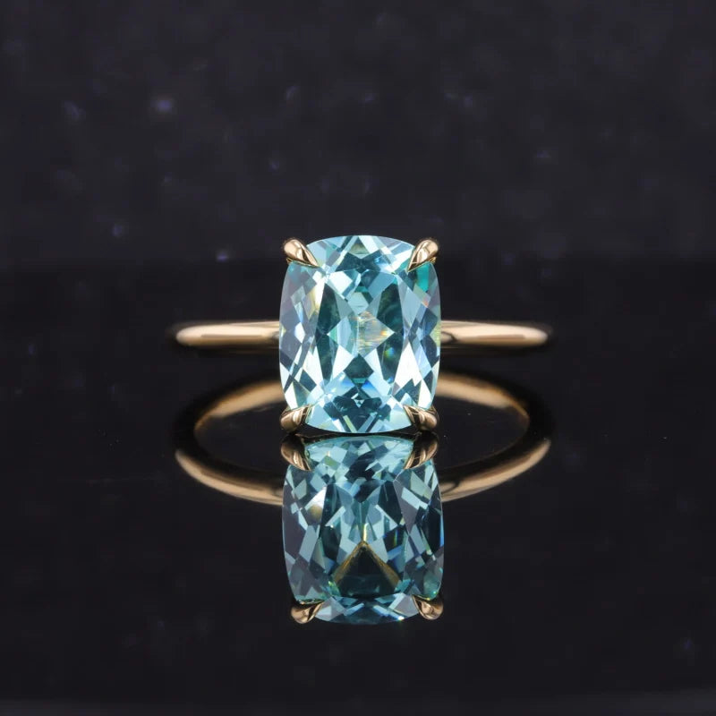 9*11mm Cushion Cut Paraiba Solitaire Ring in 14K Solid Yellow Gold