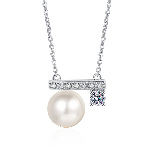 Pearl Moissanite L Design Pendant Necklace in Platinum plated 925 silver