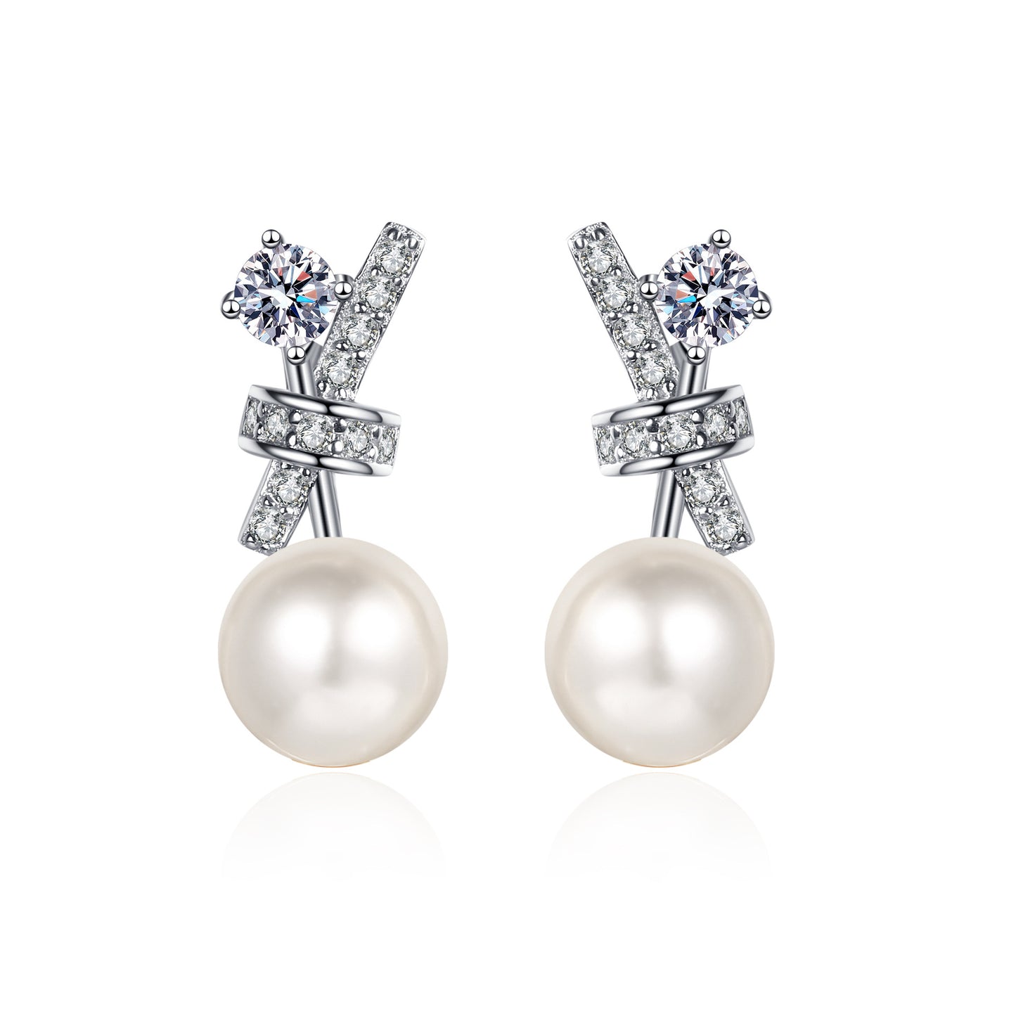 Pearl-Moissanite Earrings in Platinum-Plated 925 Sterling Silver