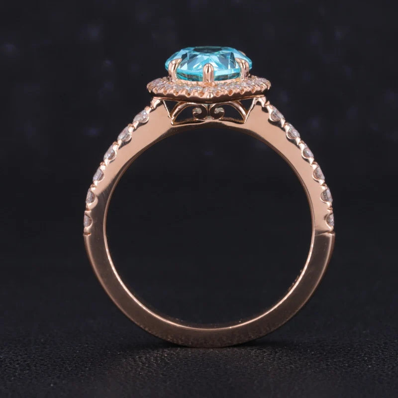 7*10mm Pear Cut Paraiba Moissanite Halo Half Eternity Ring with Staking Wedding Band in 18K Solid Rose Gold