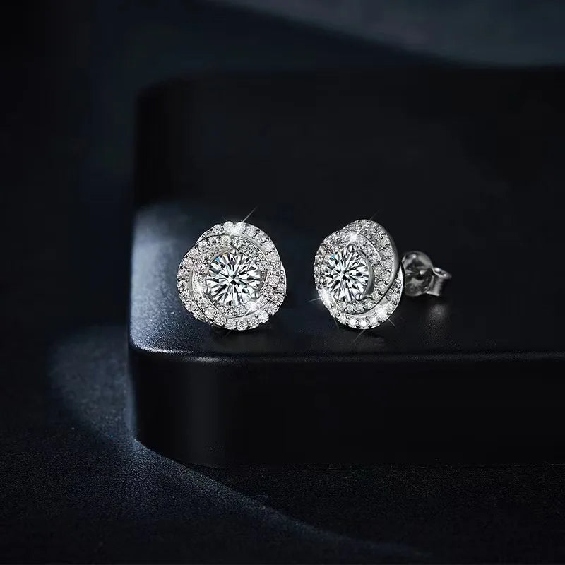 Rose Halo Moissanite Earrings in Platinum-Plated 925 Sterling Silver