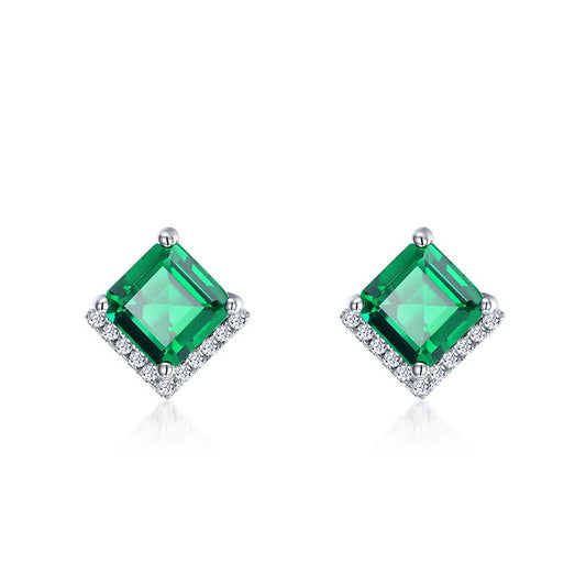 Asscher Cut Lab-Grown Zambian Emerald Stud Earrings in 18k White Gold-Plated 925 Sterling Silver