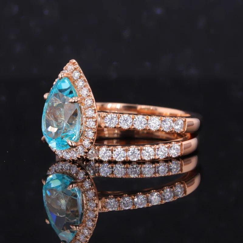 7*10mm Pear Cut Paraiba Moissanite Halo Half Eternity Ring with Staking Wedding Band in 18K Solid Rose Gold