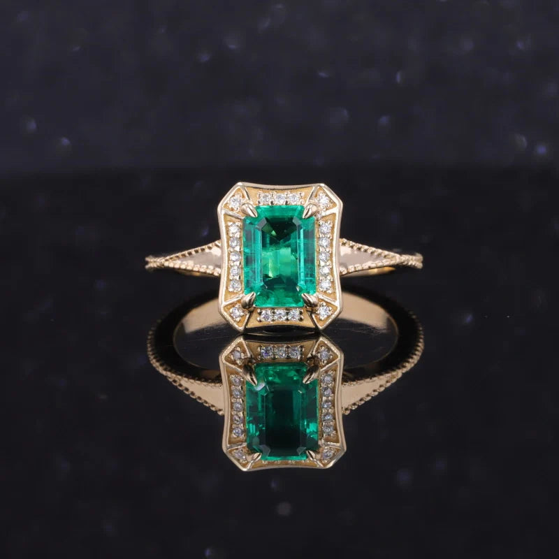 5*7mm Emerald and Moissanite Ring in 10K Yellow Gold