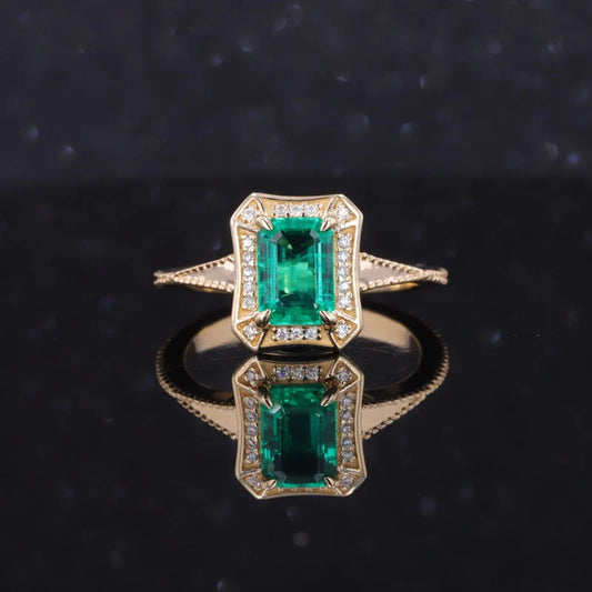 5*7mm Emerald and Moissanite Ring in 10K Yellow Gold