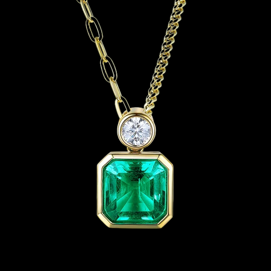 Asscher Cut Lab-Grown Columbian Emerald Pendant in 18k Yellow Gold