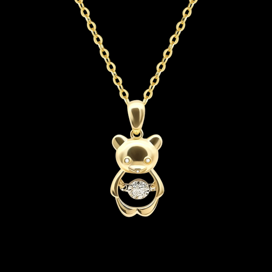 Bear Pendant Necklace with Dancing Diamond in 18K Solid Yellow Gold