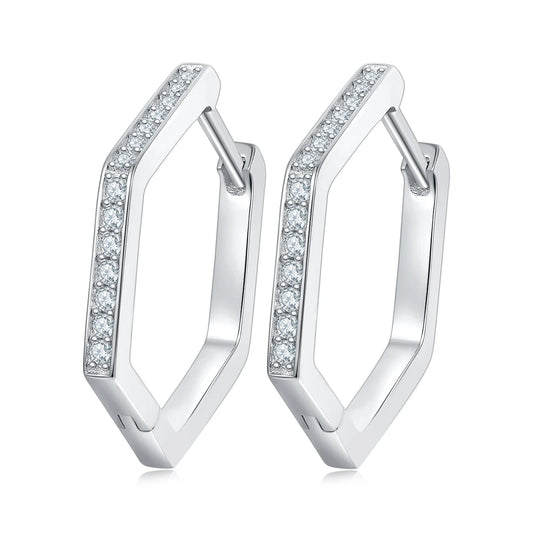 Hexagon Hoop Moissanite Earrings in White Gold-Plated 925 Sterling Silver