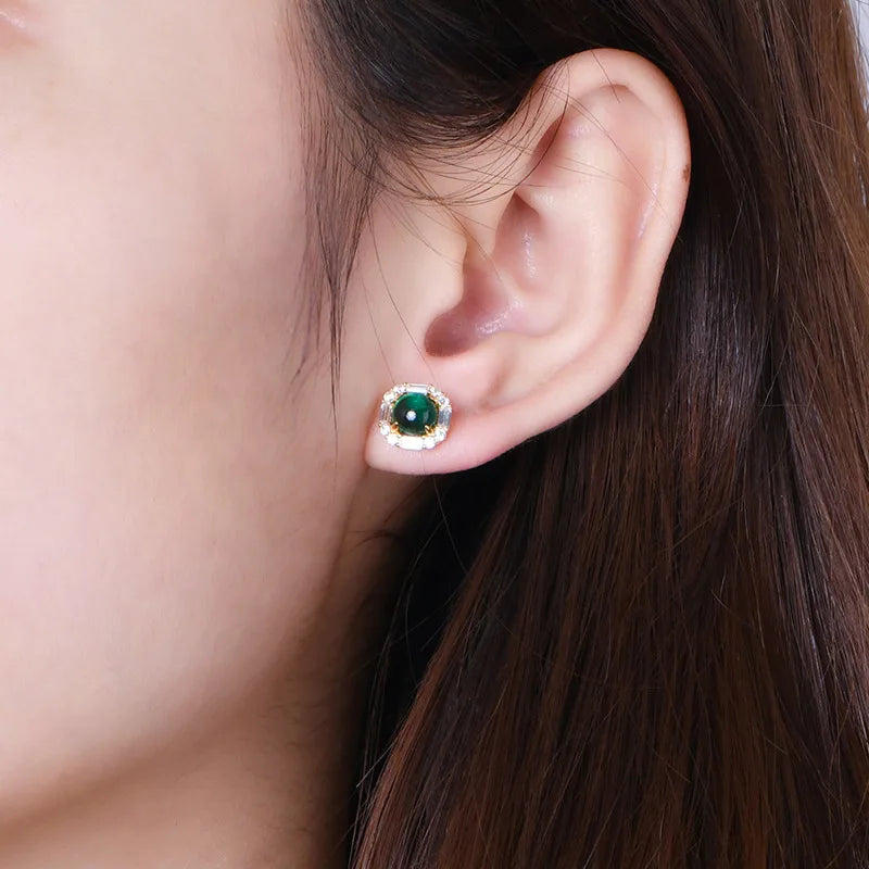 Round Unique Cut Emerald Halo Stud Earrings in 18k Yellow Gold-Plated 925 Sterling Silver