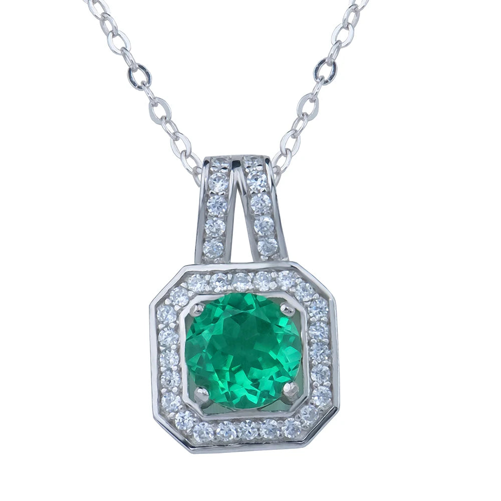 Lab Grown Emerald S925 Sterling Silver Pendant Necklace