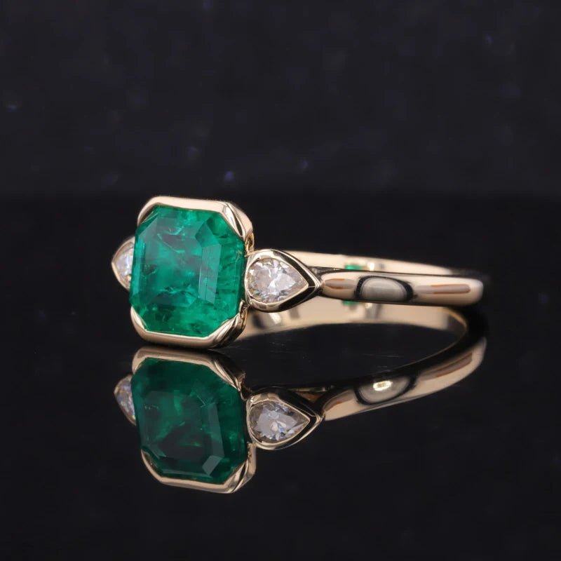 8*8mm (2.00ct) Asscher Lab-Grown Zambian Emerald with Pear Moissanites Three-Stone Ring in 10K Solid Yellow Gold