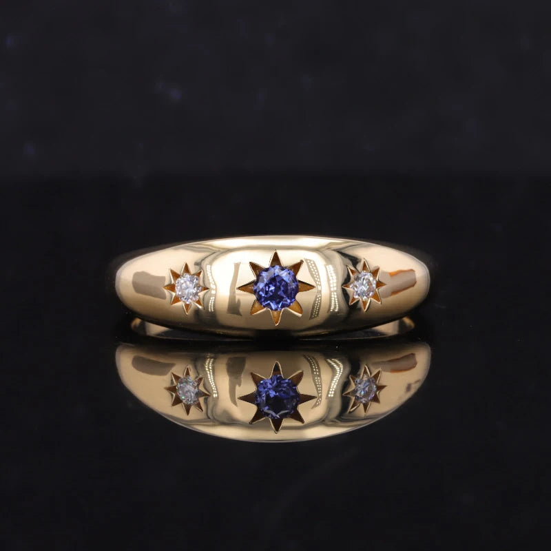 3mm Round Cut Blue Sapphire Ring with Round Moissanite in 18K Solid Yellow Gold