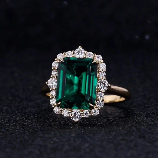 Emerald with Moissanite halo Ring in 18K Yellow Gold