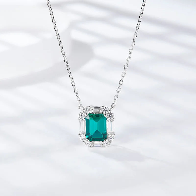 6*8mm Emerald with Halo Pendant/Necklace in 18k White Gold-Plated 925 Sterling Silver