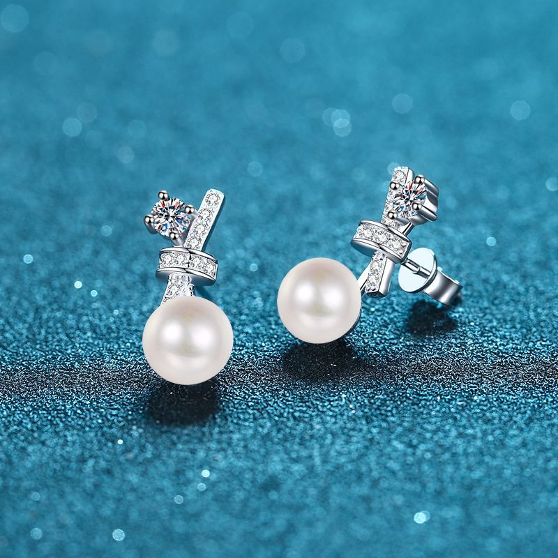 Pearl-Moissanite Earrings in Platinum-Plated 925 Sterling Silver