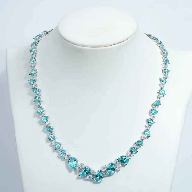 21.651ct Pear Cut Paraiba and Moissanite Necklace with 14K Solid White Gold