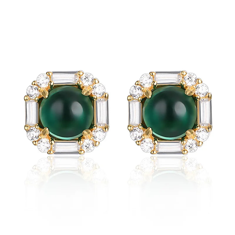 Round Unique Cut Emerald Halo Stud Earrings in 18k Yellow Gold-Plated 925 Sterling Silver