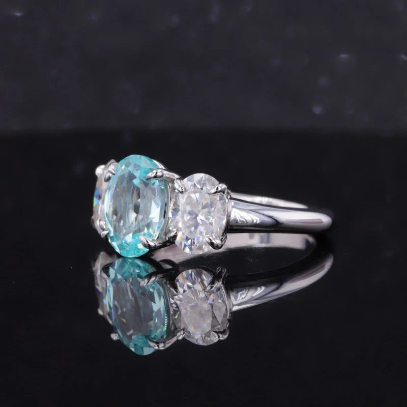 7*9mm Oval Cut Paraiba Moissanite Three Stone Ring in 14K Solid White Gold