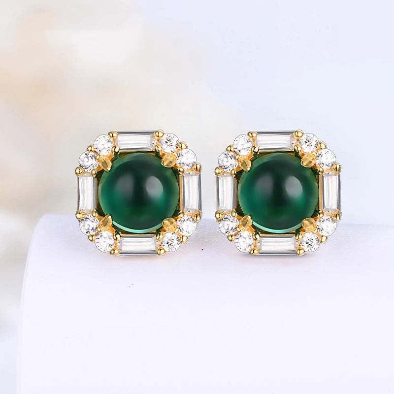 Round Unique Cut Emerald Halo Stud Earrings in 18k Yellow Gold-Plated 925 Sterling Silver