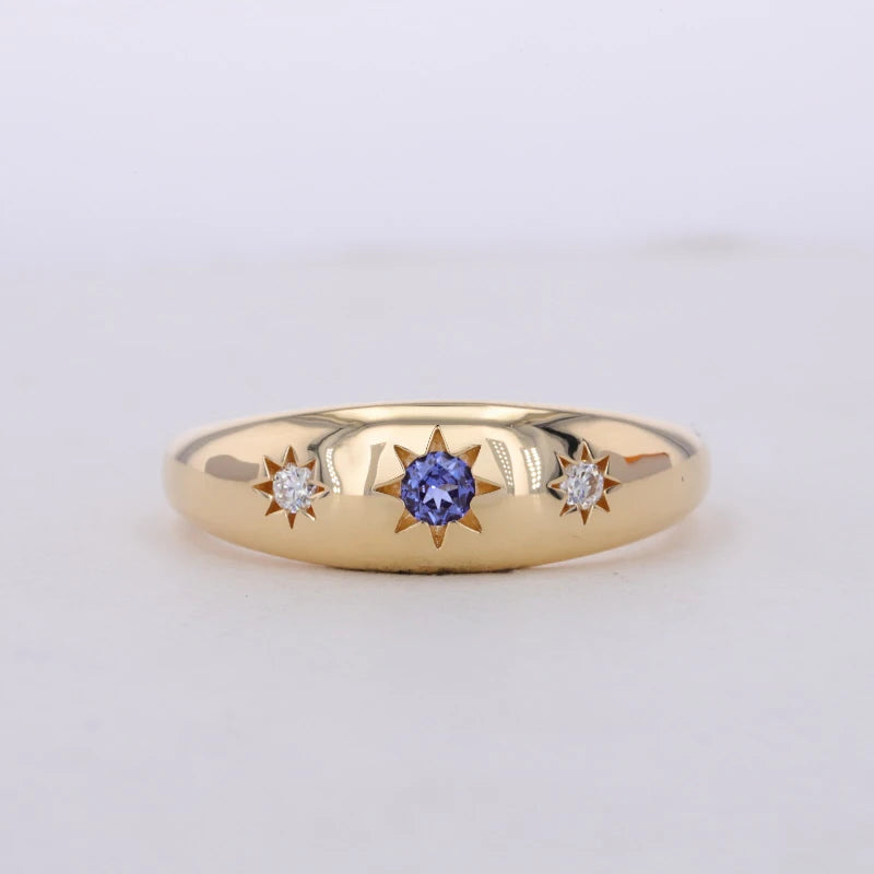 3mm Round Cut Blue Sapphire Ring with Round Moissanite in 18K Solid Yellow Gold