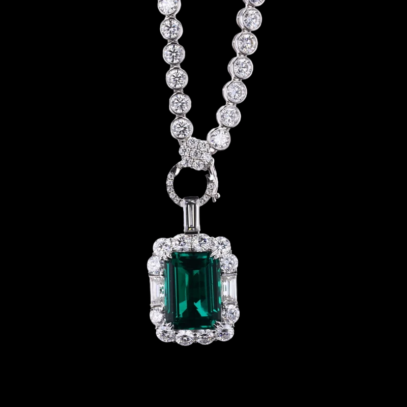 3.5mm Emerald Pendant with Bezel Set Moissanite Tennis Necklace with 10K White/Yellow Gold