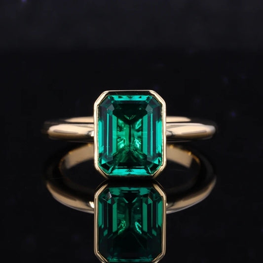 8*12mm Emerald Cut Emerald Solitaire Bezel Set Ring in 18K Solid Yellow Gold