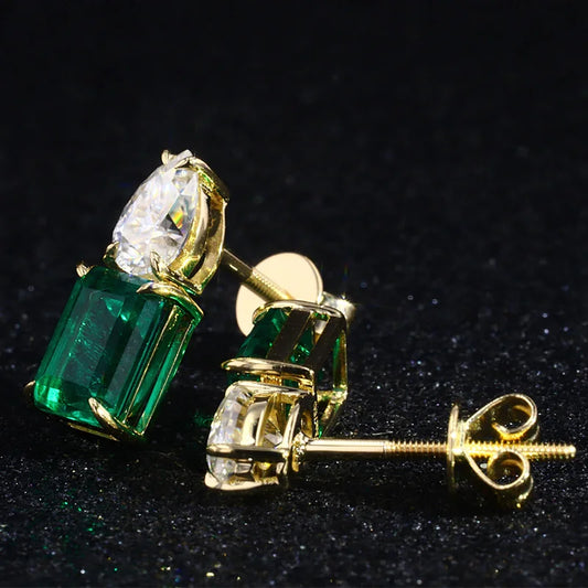 7*9mm Emerald Cut Zambian Green Emeralds and Pear Cut Diamonds Earrings in 18K Solid Yellow Gold