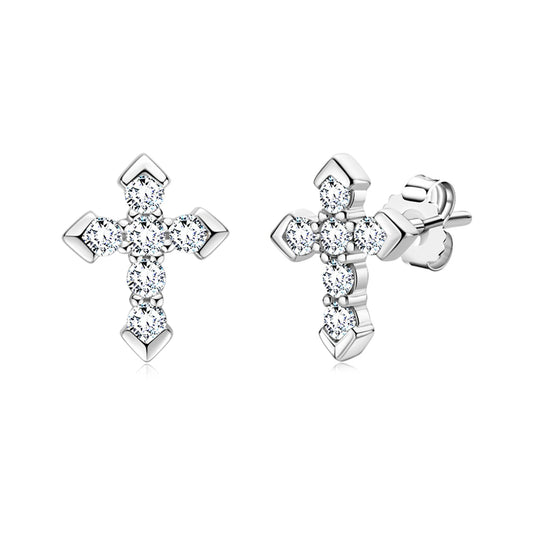 Cross Moissanite Earrings in Platinum-Plated 925 Silver