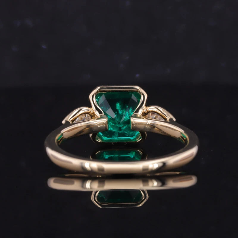 8*8mm (2.00ct) Asscher Lab-Grown Zambian Emerald with Pear Moissanites Three-Stone Ring in 10K Solid Yellow Gold