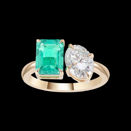 Customized 2ct Oval Moissanite & Emerald Colombia Lab gemstone Toi et Moi Two Stone Ring 14k Yellow Gold