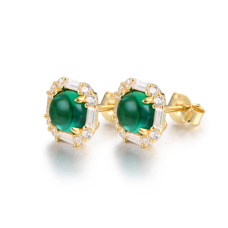 Round Unique Cut Emerald Halo Stud Earrings in 18k Yellow Gold-Plated 925 Sterling Silver